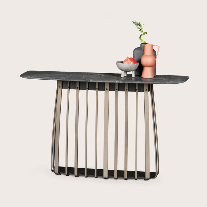 janua | bc 10 basket console table | smoked oak + brass base