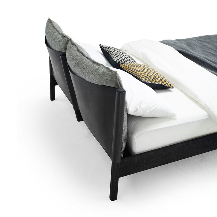 moeller design | LIV queen bed | stained oak + black leather