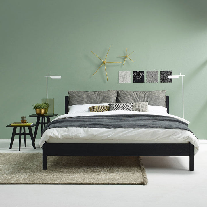 moeller design | LIV queen bed | stained oak + black leather