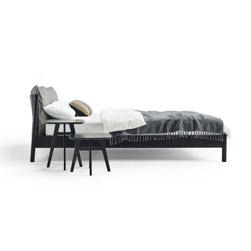 moeller design | liv king bed | stained oak + black leather