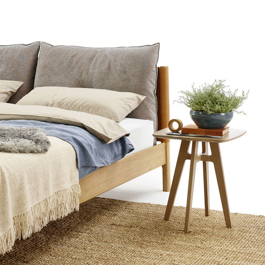 moeller design | LIV king bed | oak + whisky leather