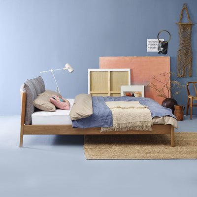 moeller design | liv queen bed | oak + whisky leather